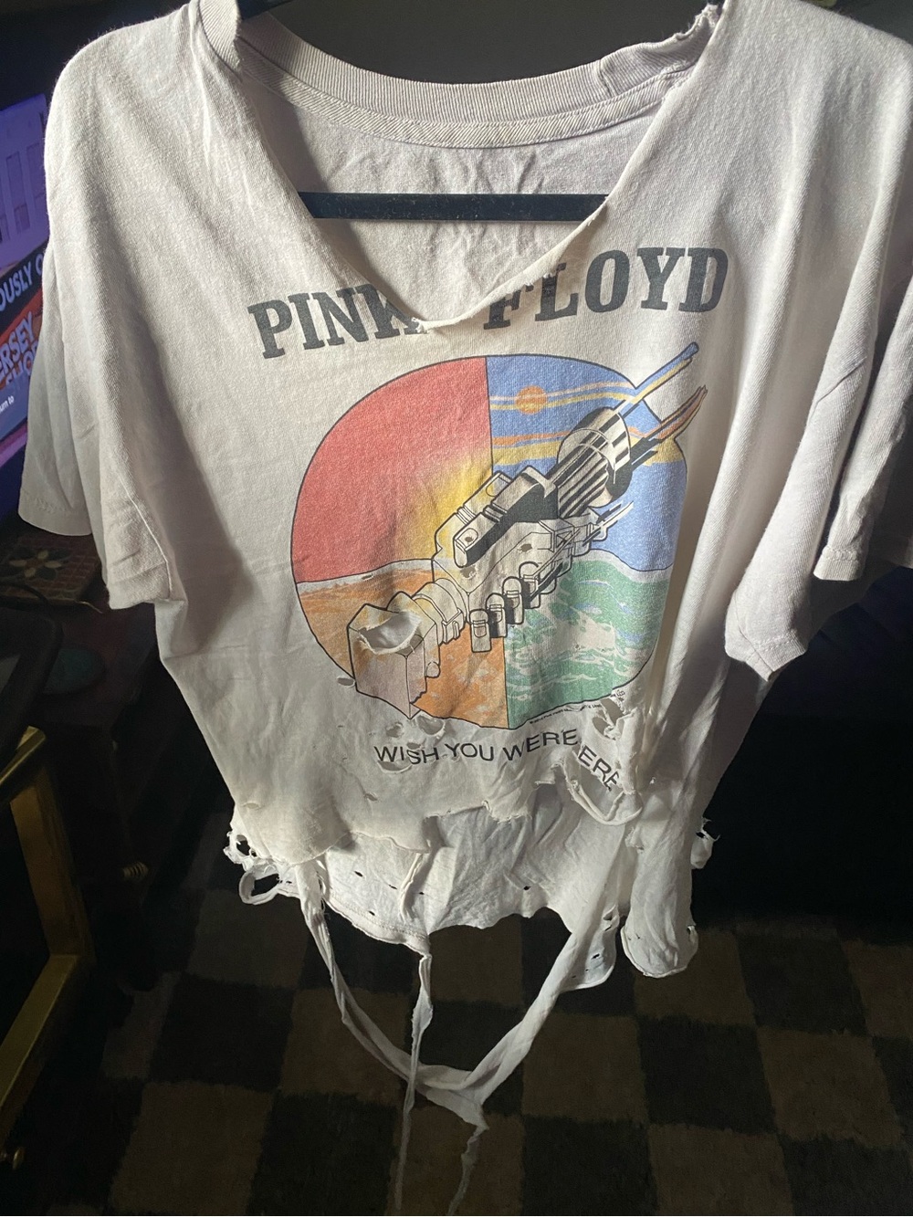 Distressed Pink Floyd Tee with Multicolor Circular Graphic